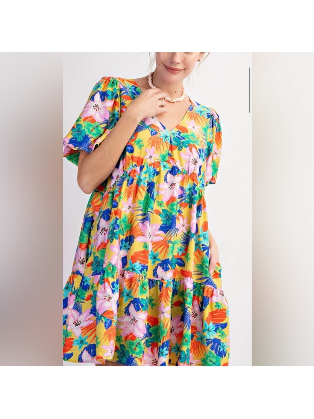 easel Tropical Floral Mini Dress in Yellow Pink Green - Picture 2 of 4